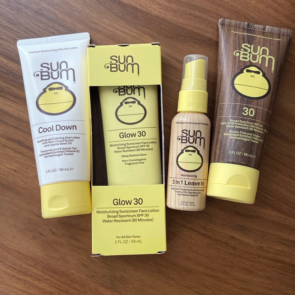 Sunbum 4pc face sunscreen, body spf, aloe lotion, 3in1 hair treatment